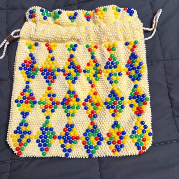 Vintage Reversible 70’s Beaded Drawstring Purse / Sack Boho Hippy Festival Pouch - Picture 5 of 13